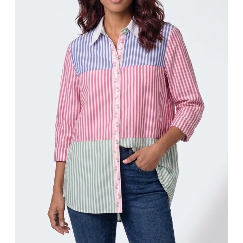 Berek Striped Button Top Women Med Multicolor Colorblock Floral Rose Casual